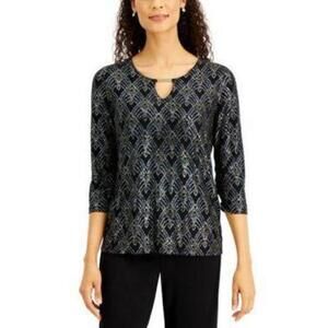 JM Collection Petite Keyhole Jacquard Top Deep Black Combo PS